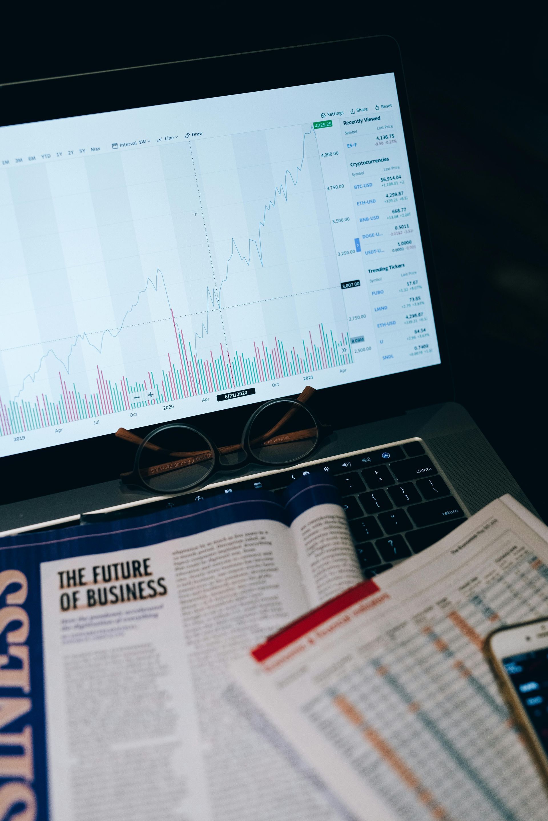 A laptop is open to a page that says the future of business