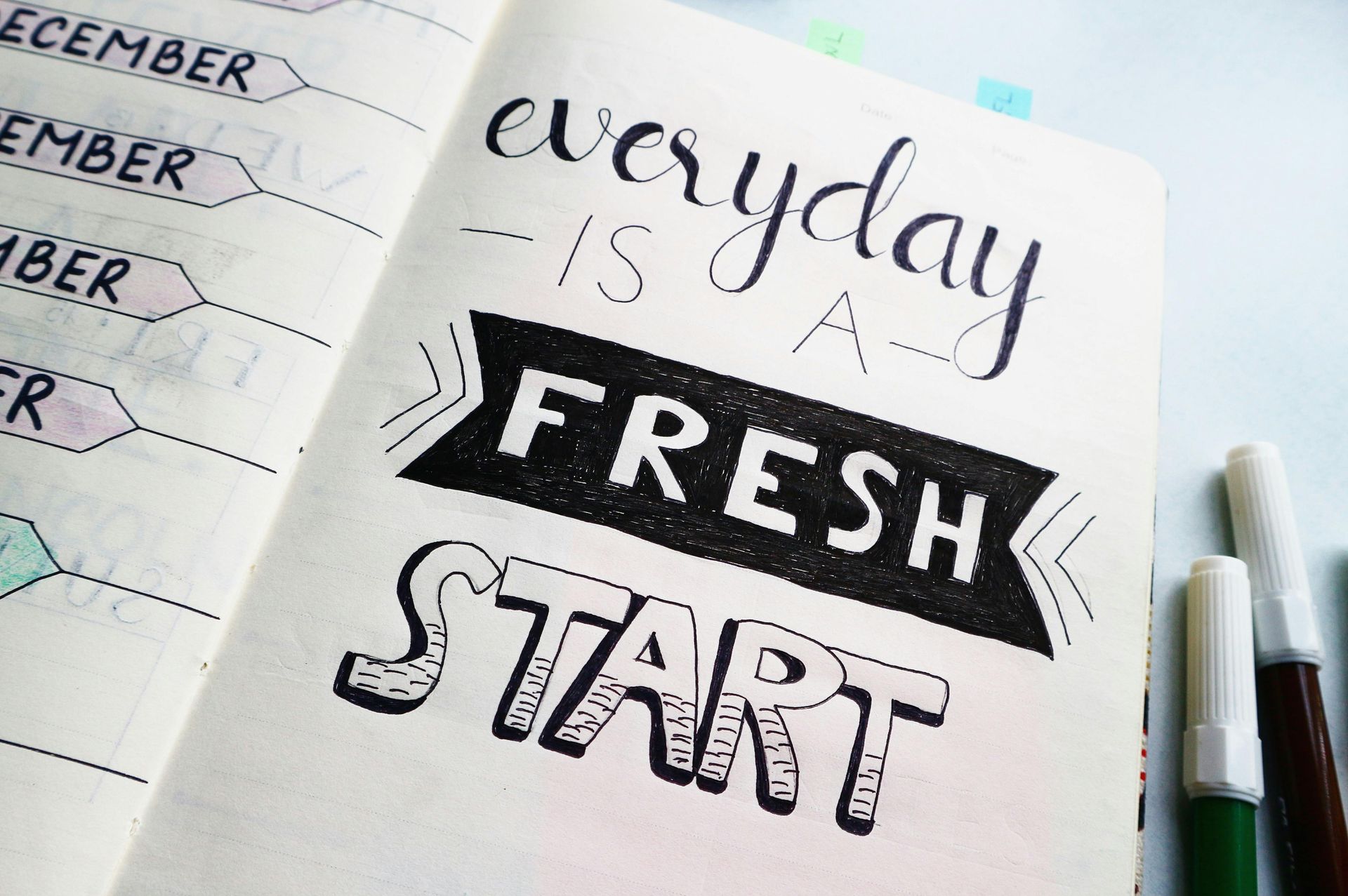 A notebook is open to a page that says everyday is a fresh start