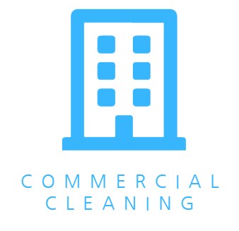 Blue commercial cleaning logo with a building icon and the words “COMMERCIAL CLEANING”