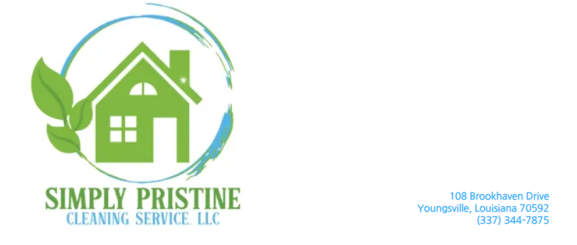 Simply Pristine Cleaning Service, LLC logo with green house and leaf icon and blue contact text