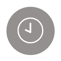 Gray clock icon with white outline and hands inside a circle
