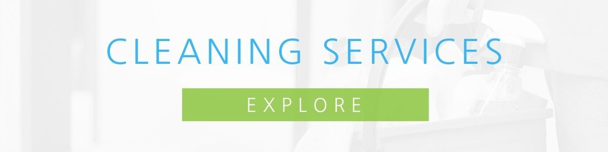 Cleaning services banner with a green Explore button on a light background.