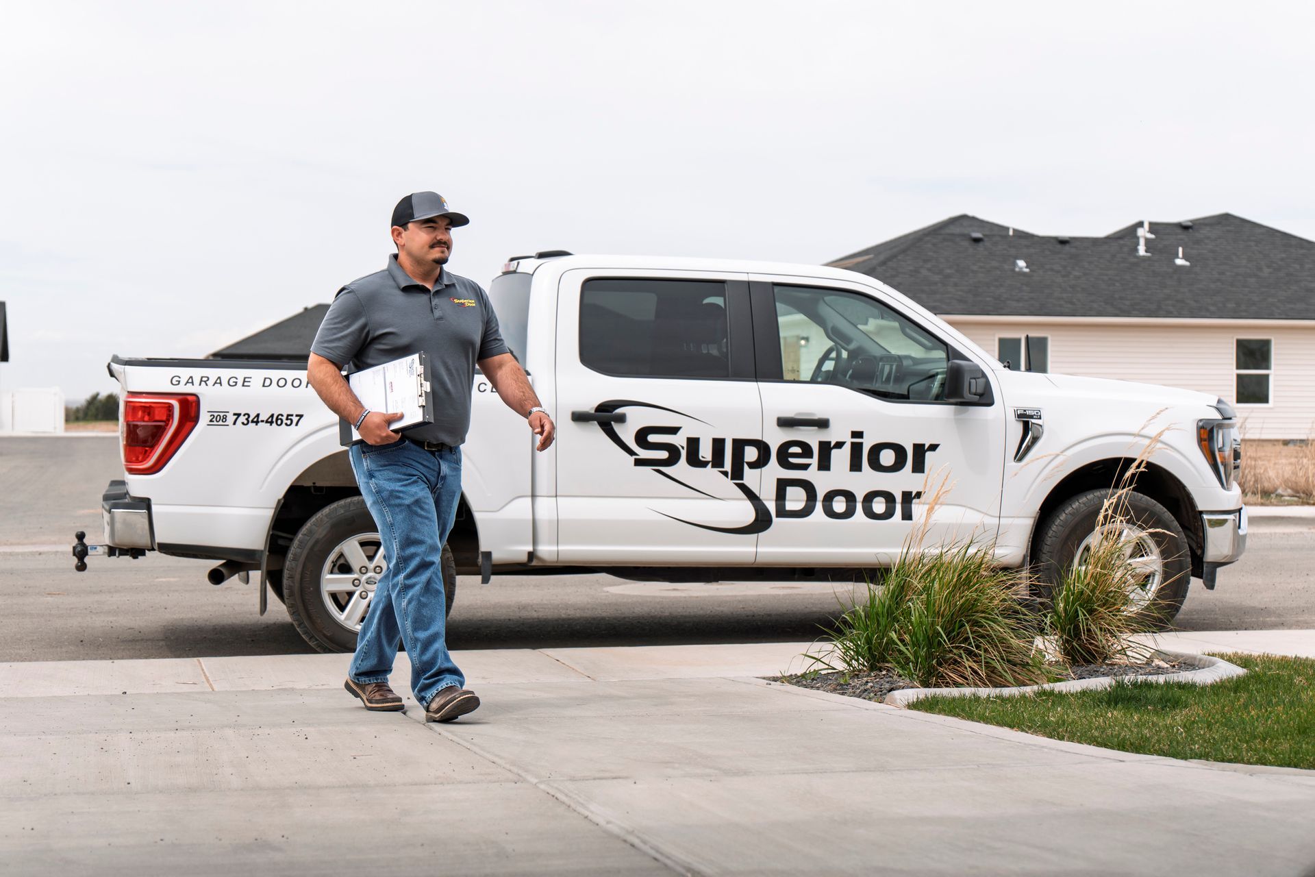 A man in a grey polo shirt walks towards a white Superior Door pickup truck in front of a house, holding a clipboard.