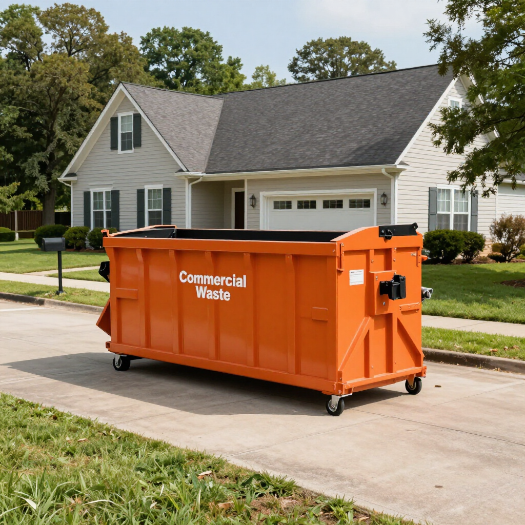 Orange dumpster on a residential driveway in front of a suburban house