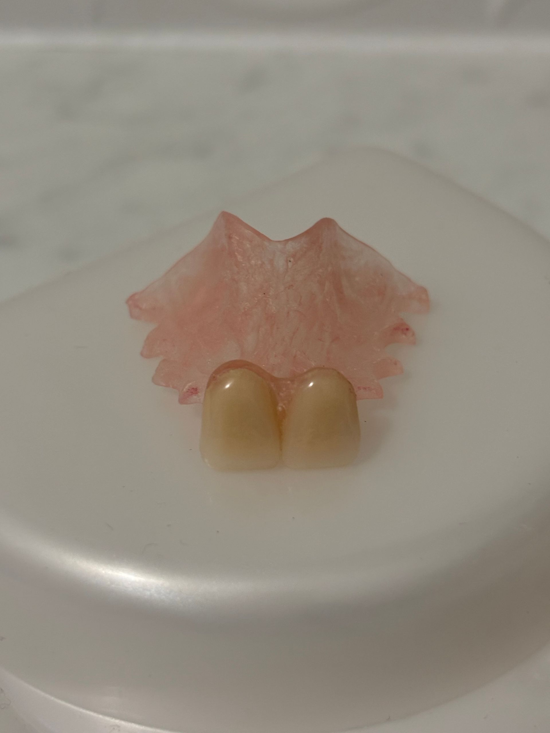 Pink Acrylic Dentures With Two Front Teeth on a White Surface — Precise Dentures in Berserker, QLD