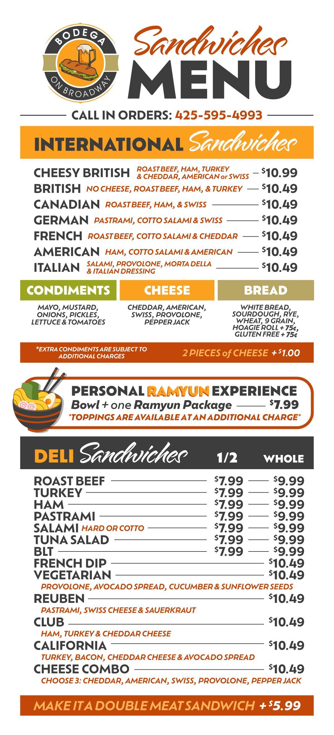 A menu for a sandwich and ramyun shop showing a variety of sandwiches and ramyun.