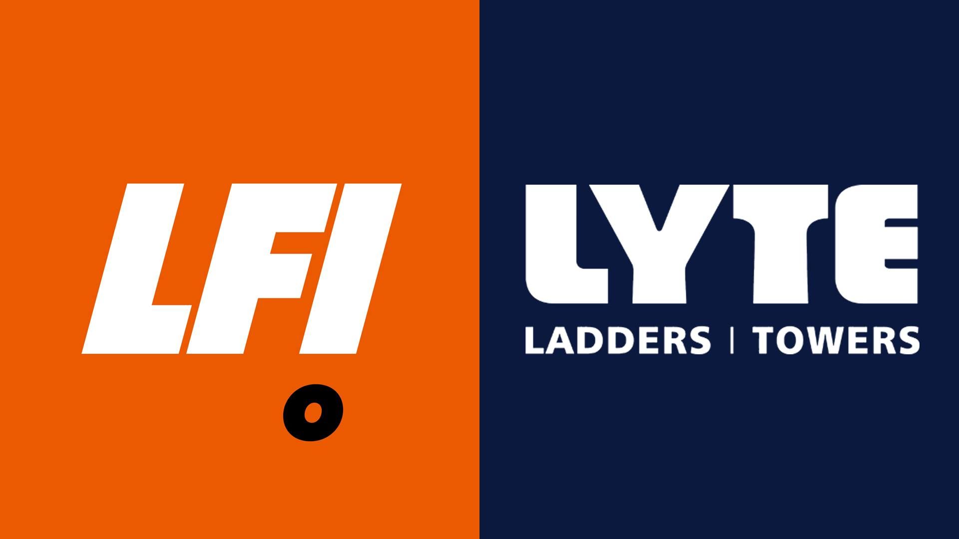 A blue and orange logo for lfi lyte ladders and towers