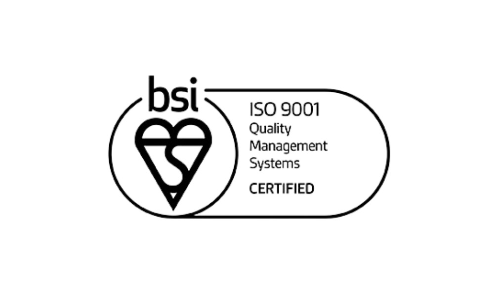 A black and white logo for bsi iso 9001 quality management systems certified.