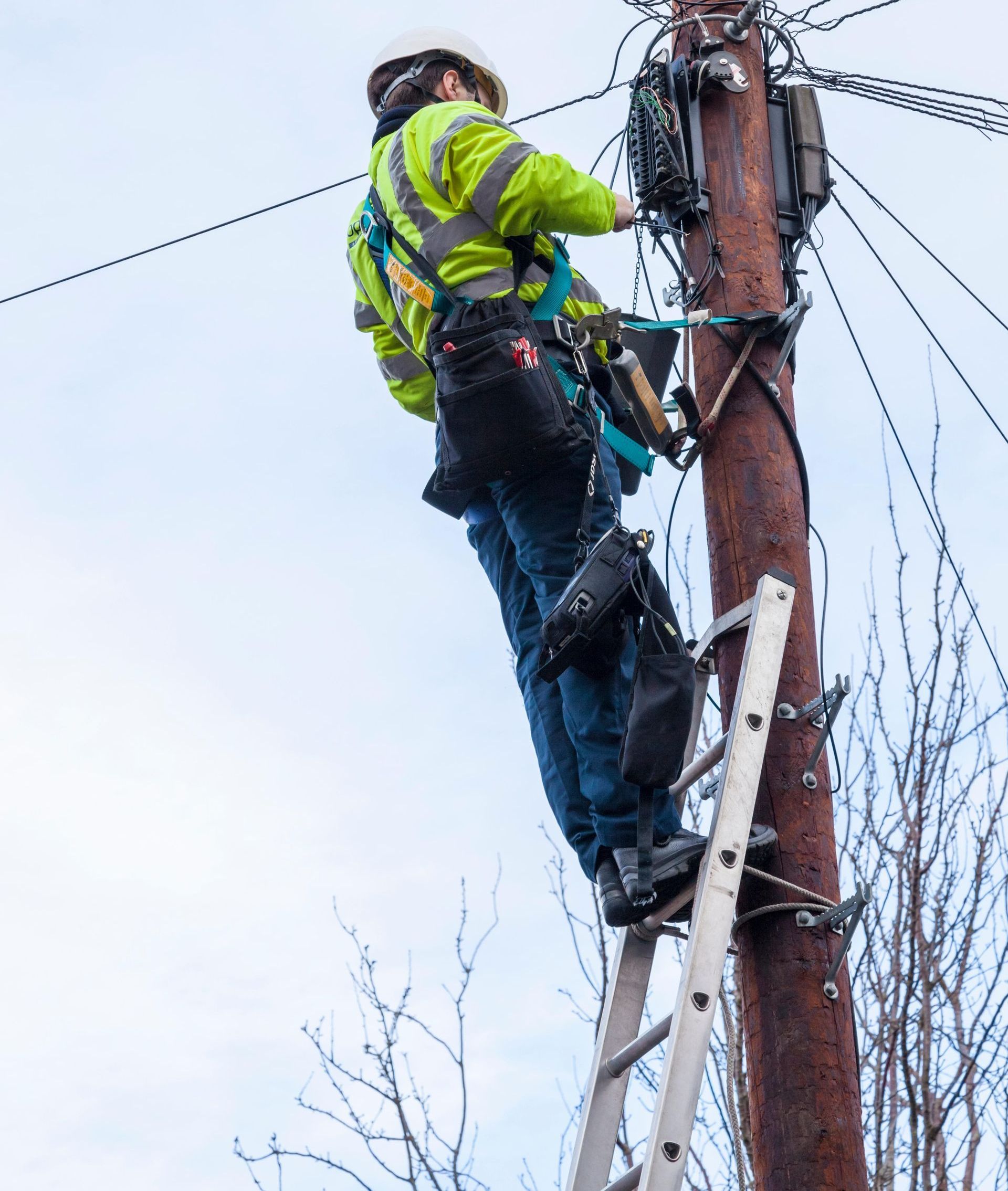 A man is standing on a ladder on top of a power pole.