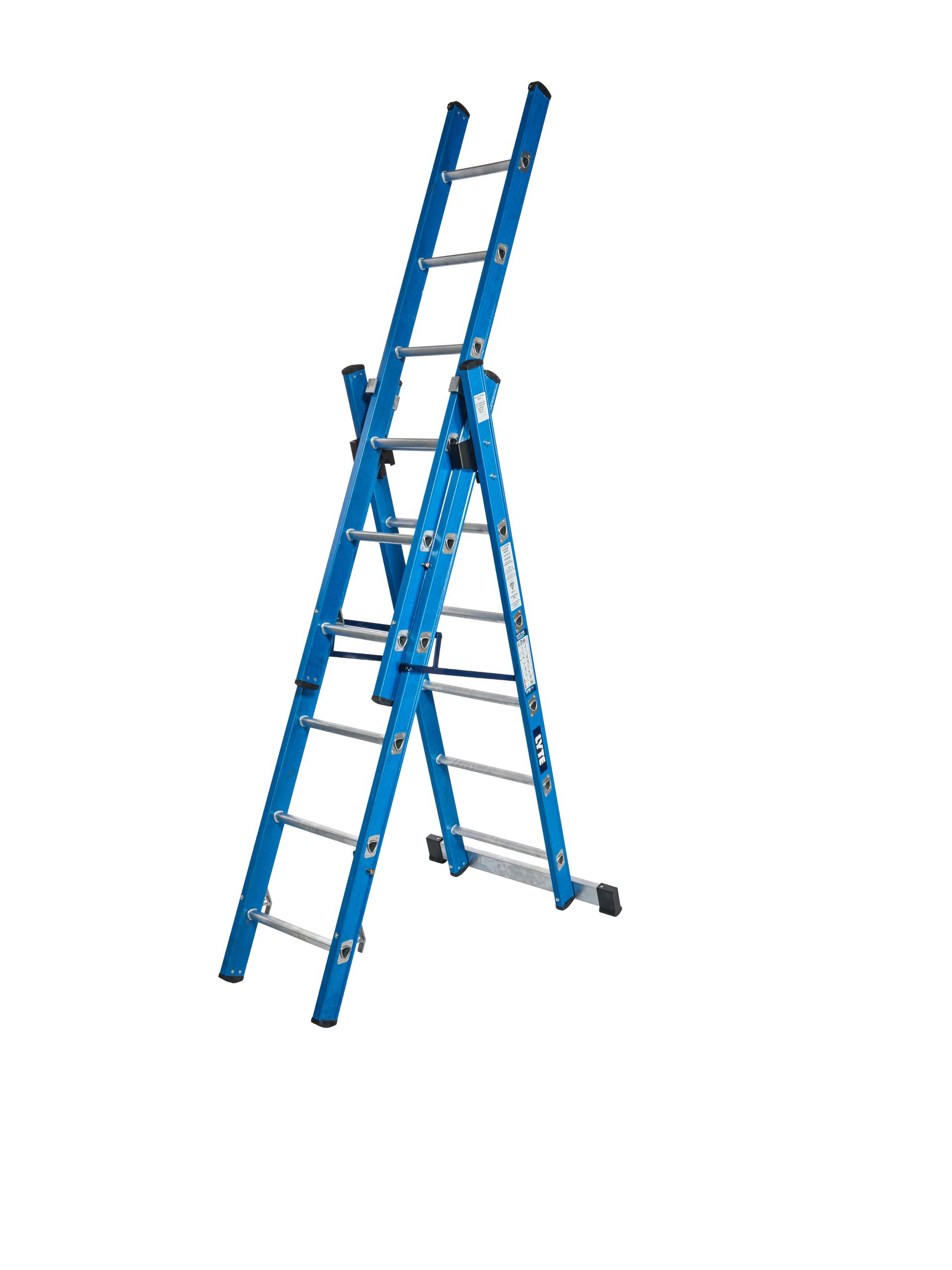 A blue ladder is sitting on top of a white surface.