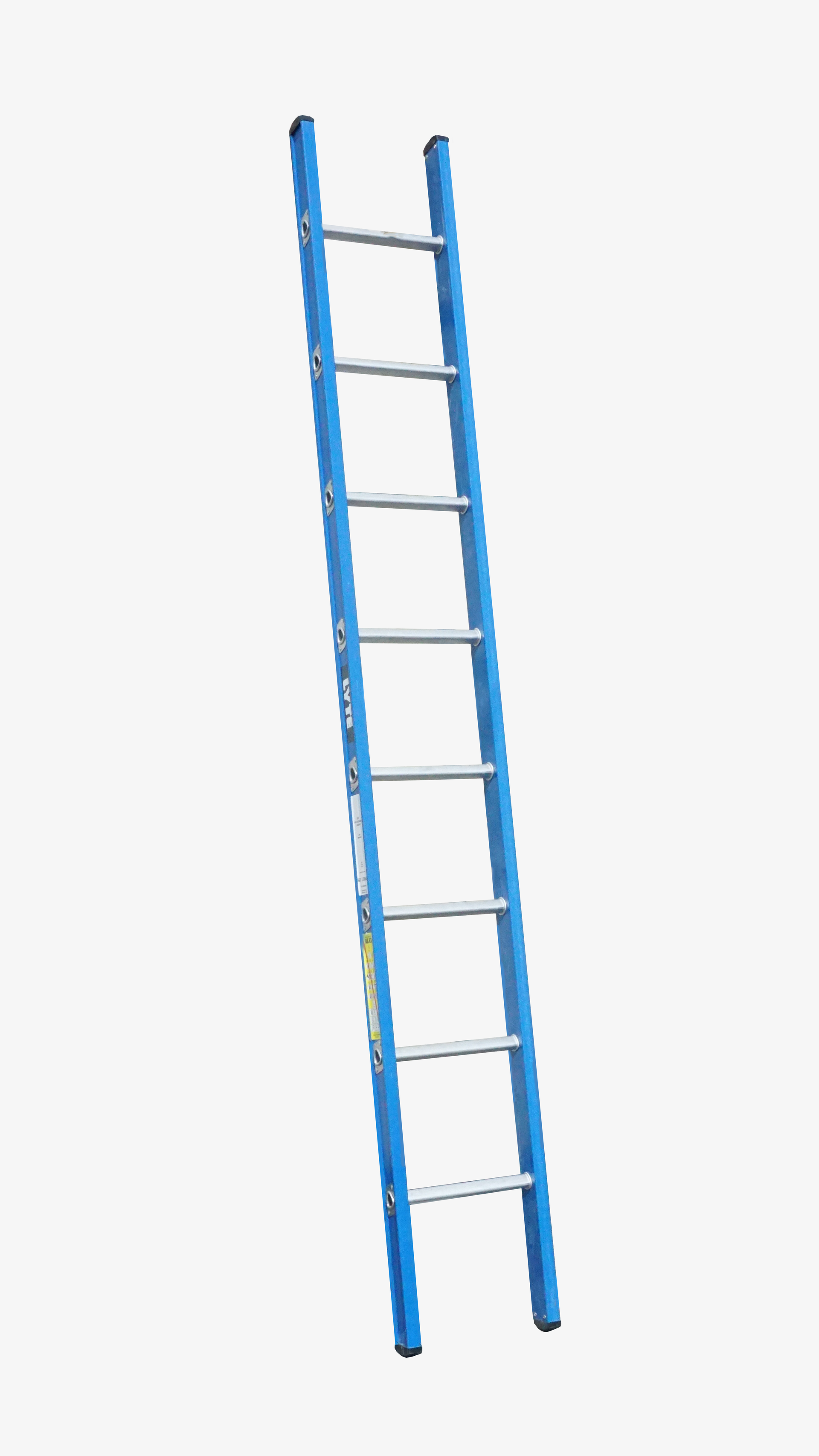 A blue ladder is sitting on a white surface.