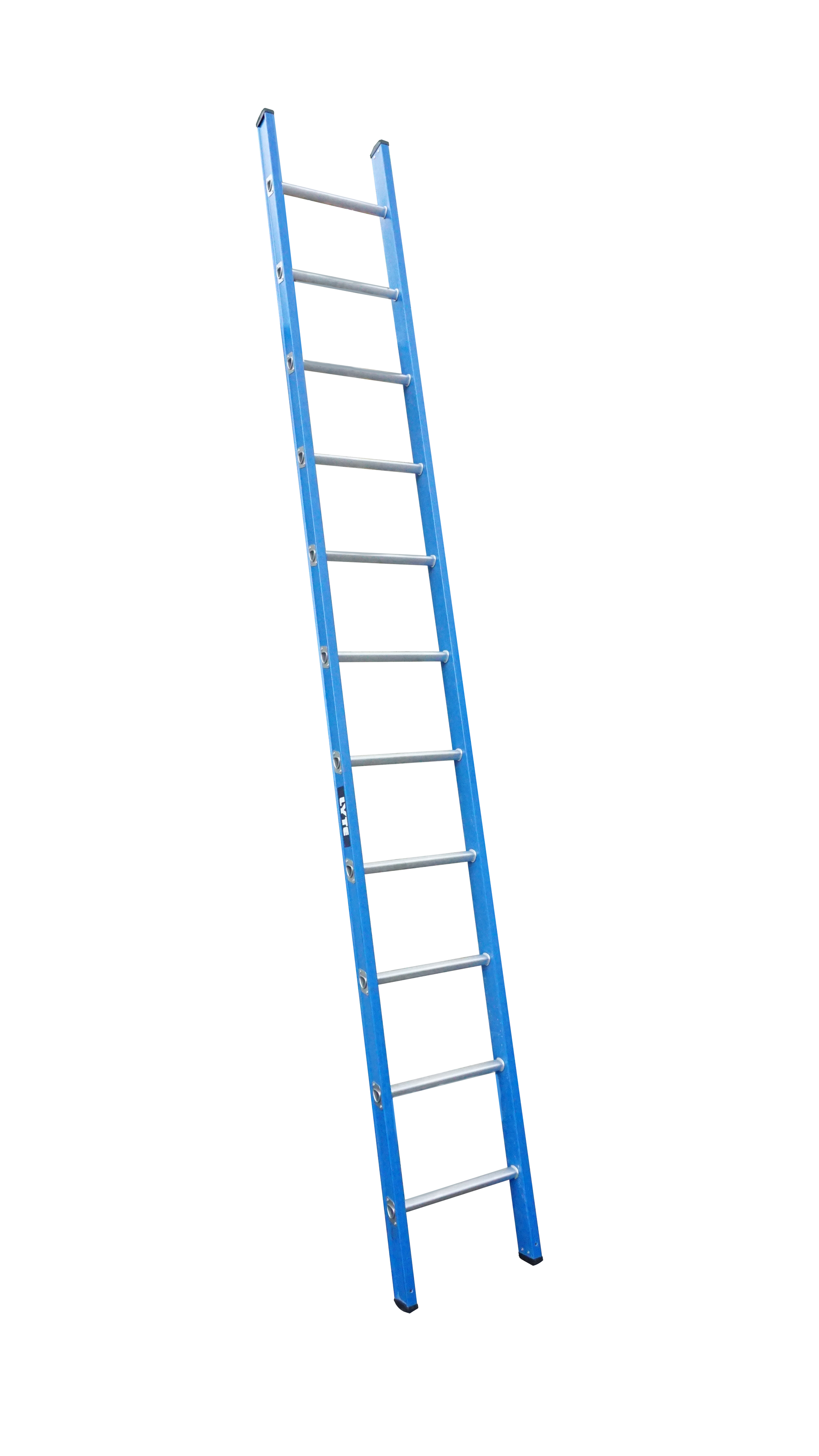 A blue ladder is sitting on a white surface.