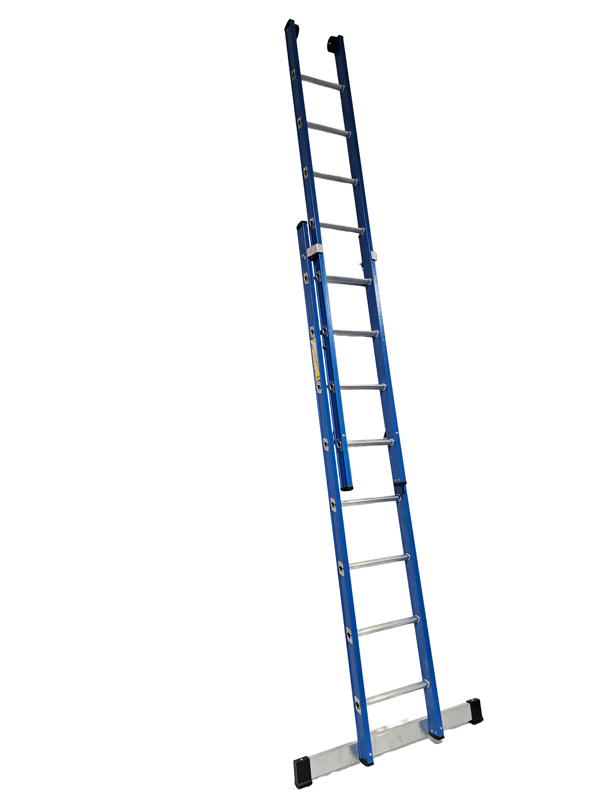 A blue ladder is sitting on a white surface.