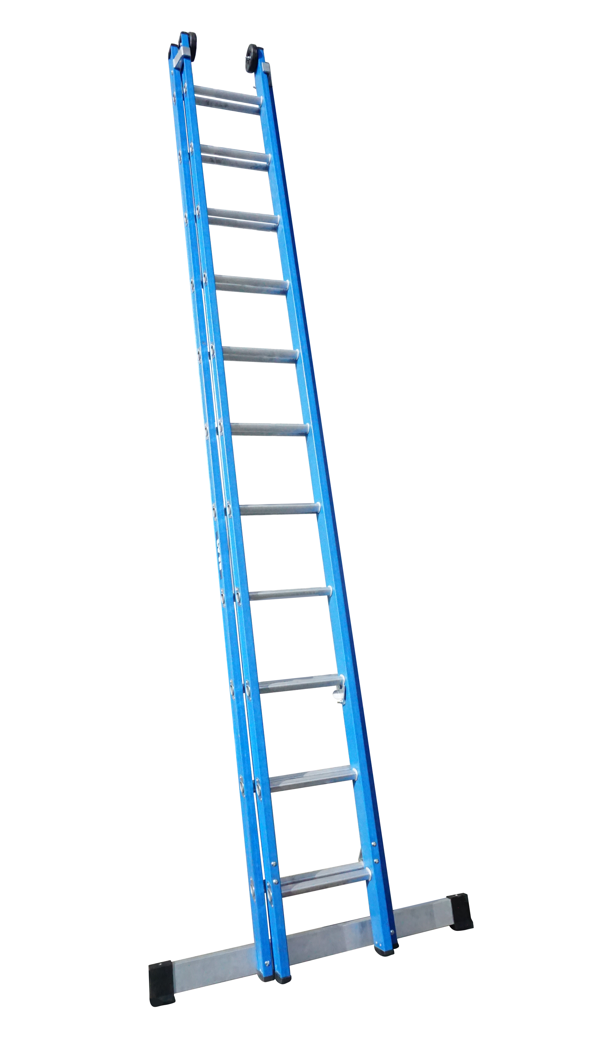 A blue ladder is sitting on a white surface.