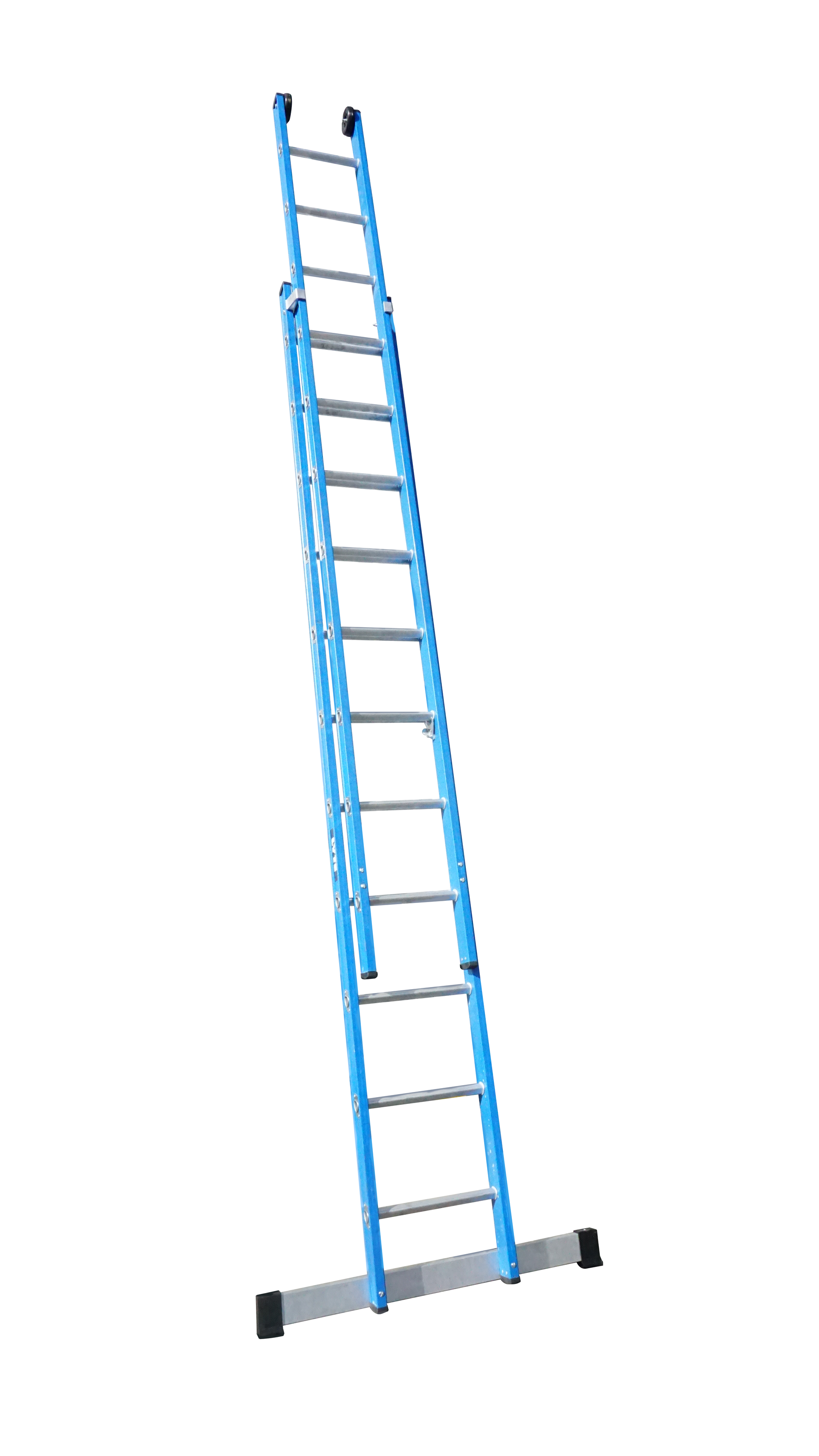 A blue ladder is sitting on a white surface.