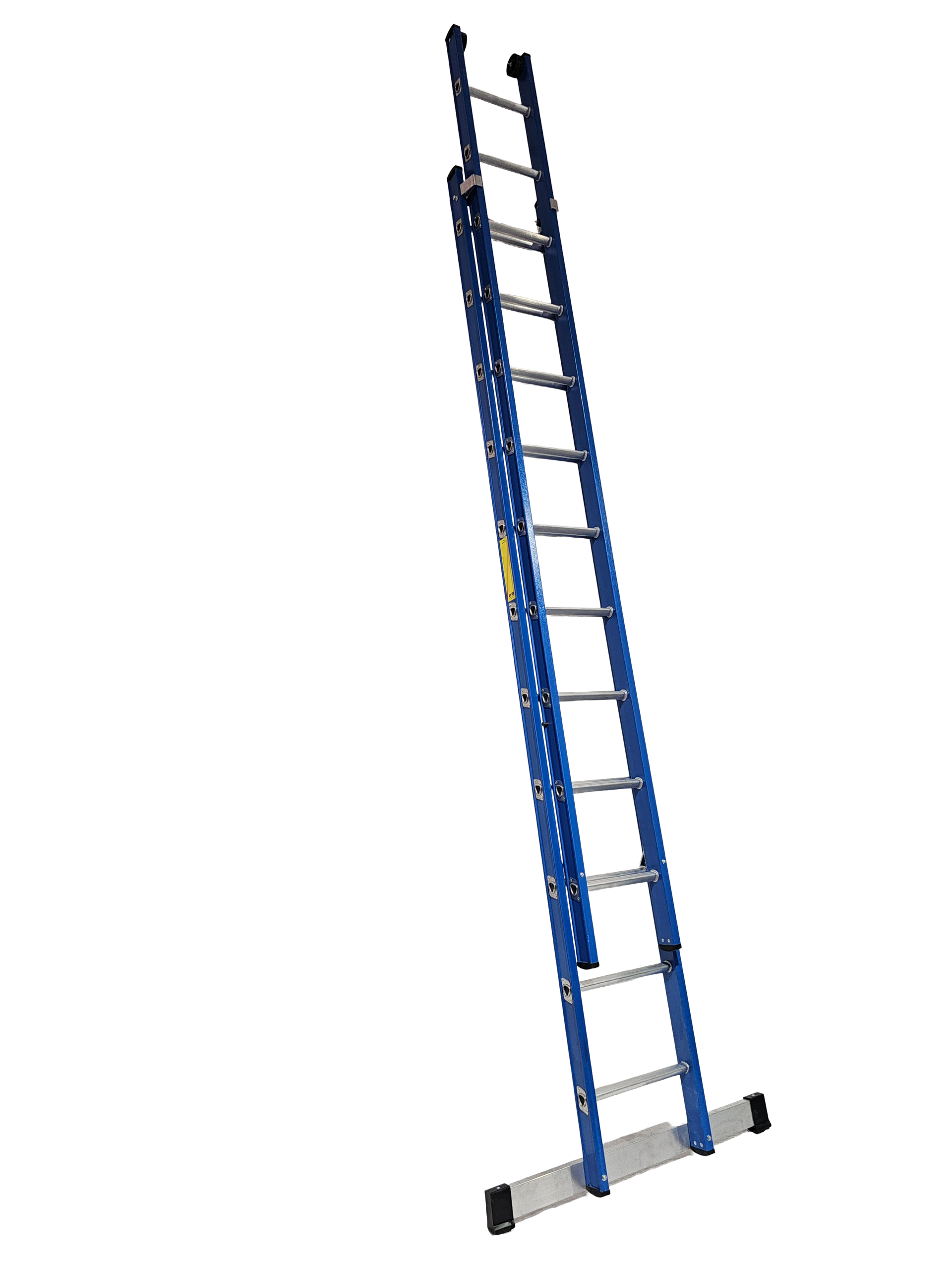 A blue ladder is sitting on a white surface.