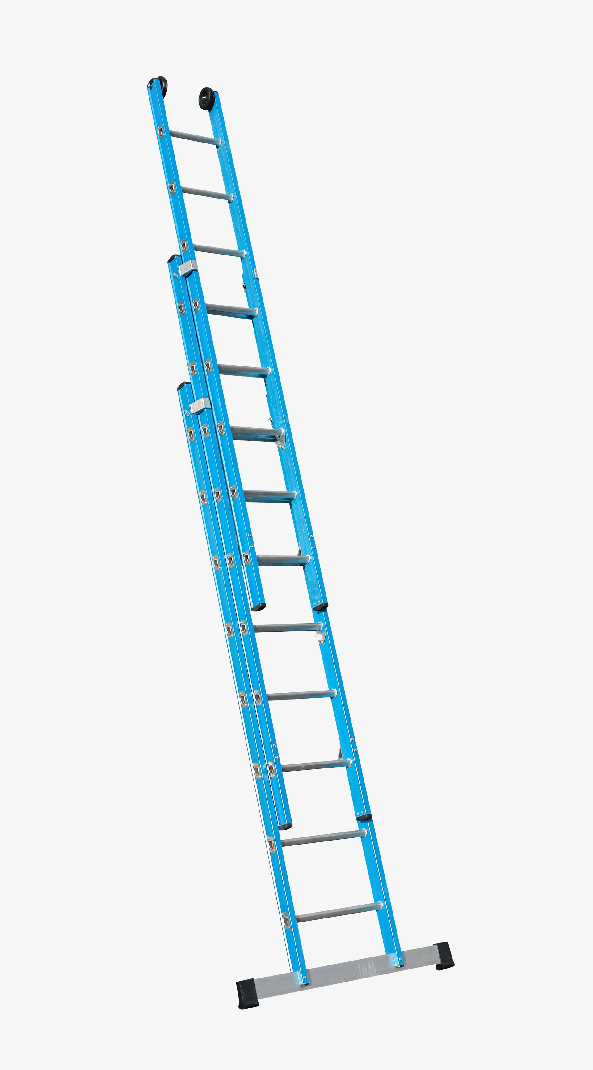 A blue ladder is sitting on top of a white surface.