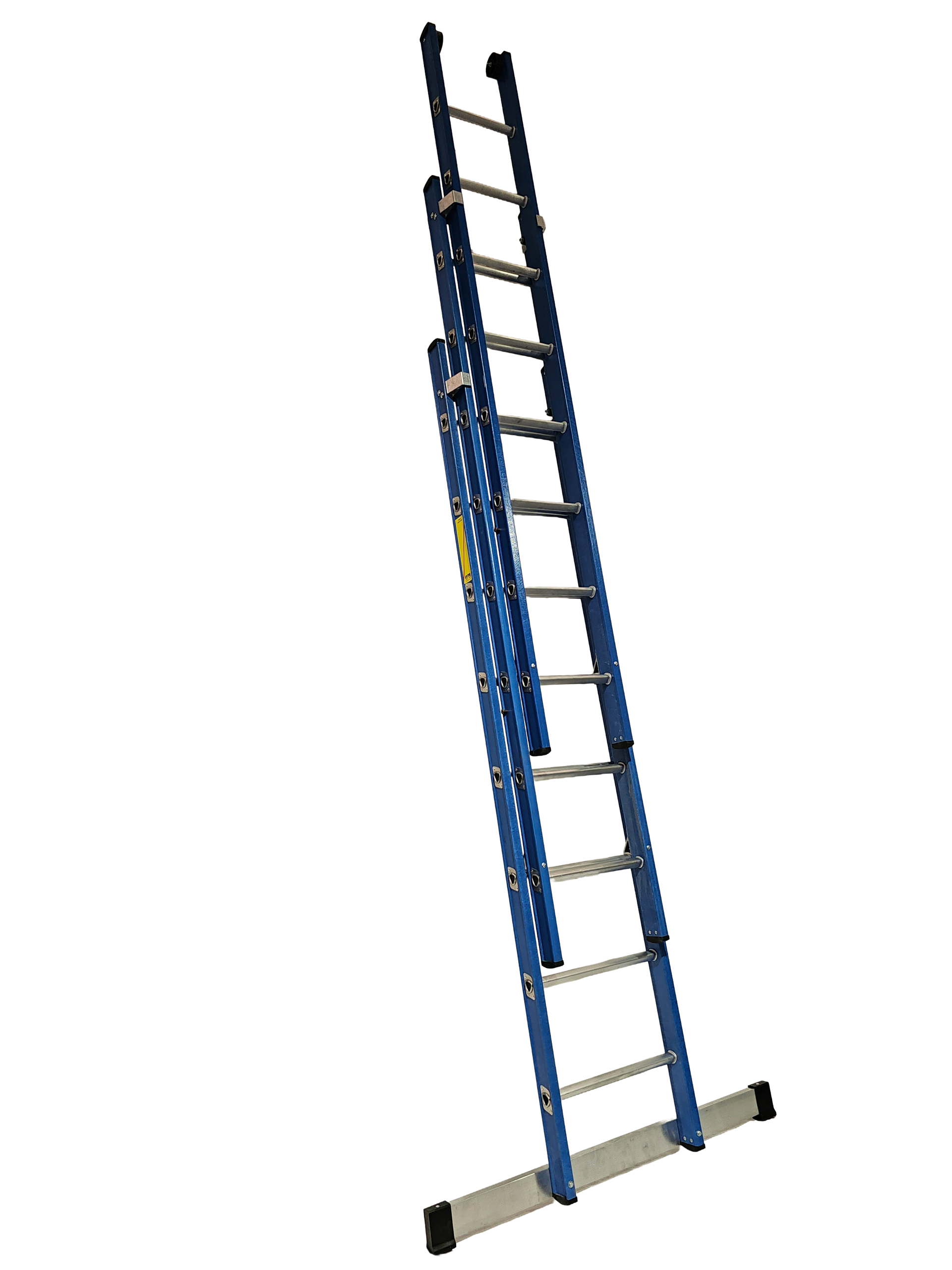 A blue ladder is sitting on top of a white surface.