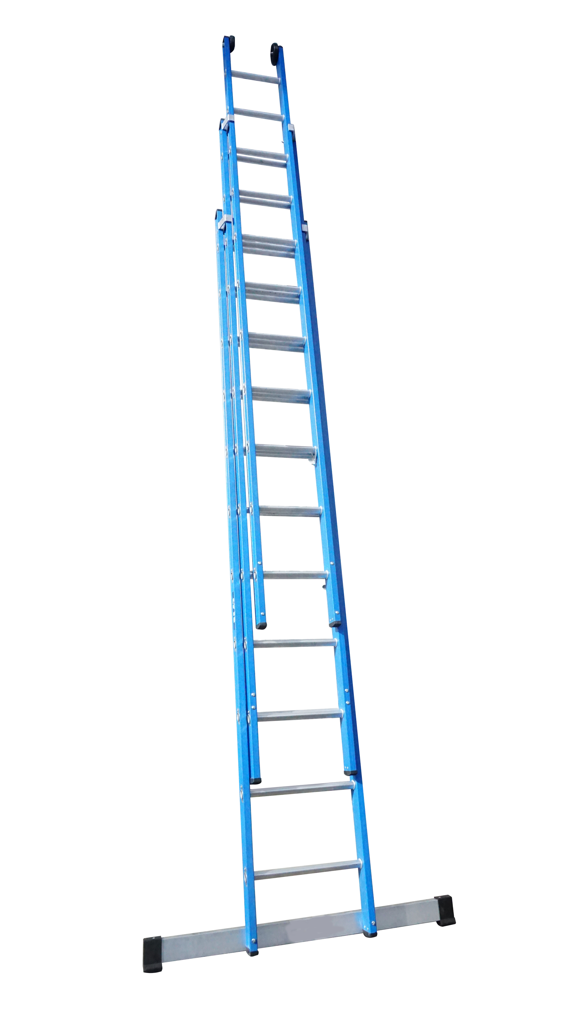 A blue ladder is sitting on top of a white surface.