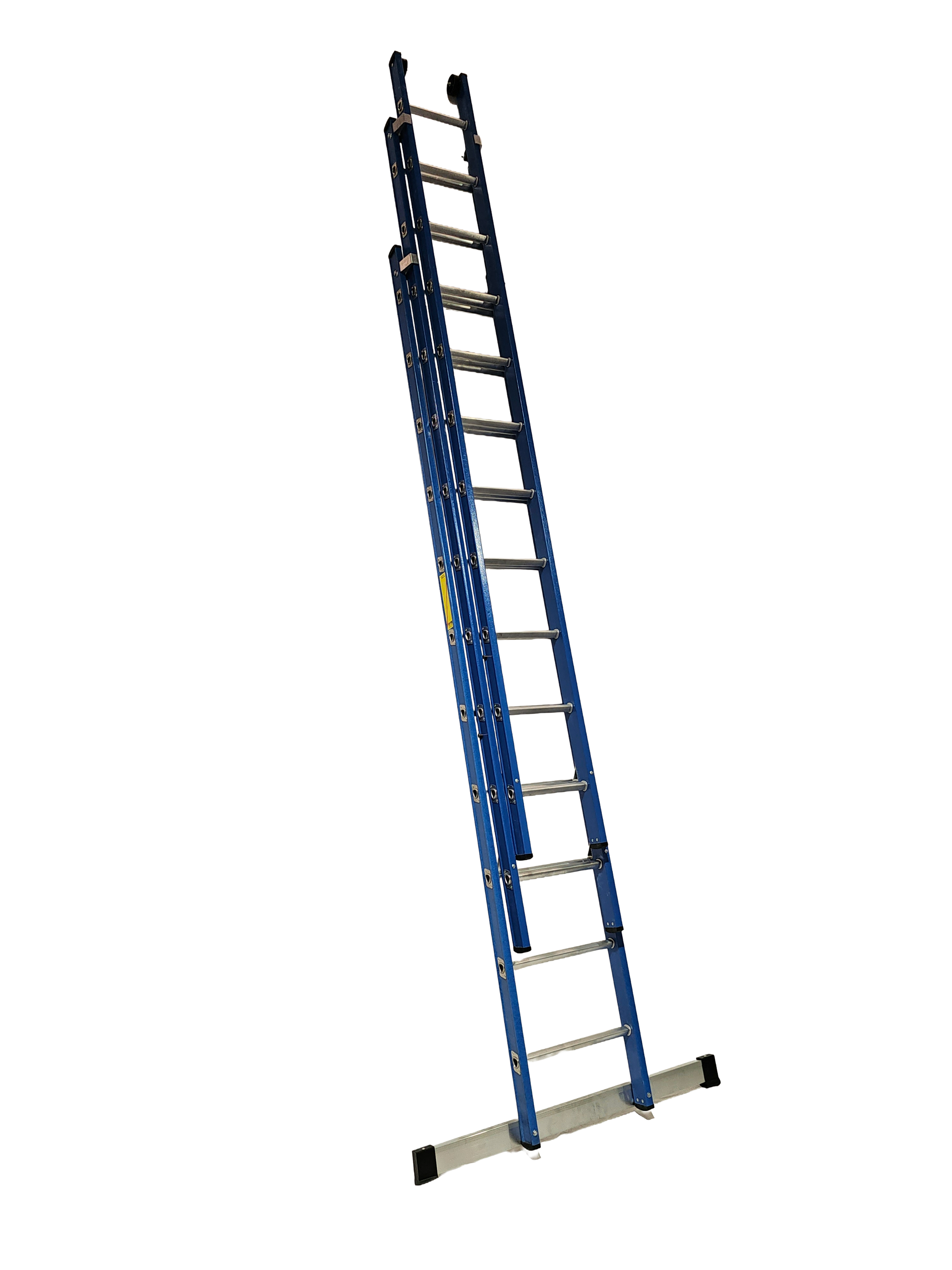 A blue ladder is sitting on top of a white surface.