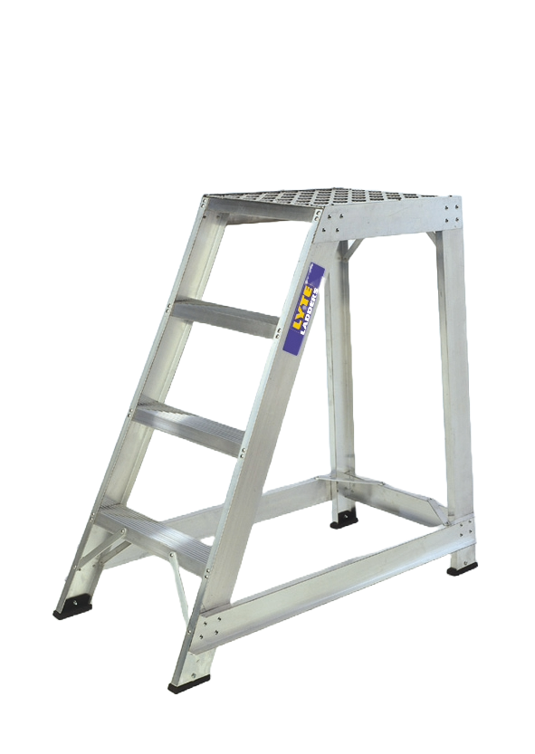 A metal ladder with four steps on a white background.