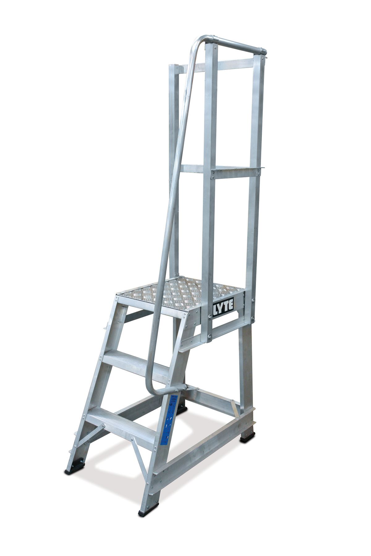A metal ladder with a handle on a white background.