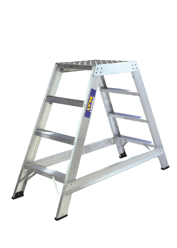 A metal ladder with four steps on a white background.