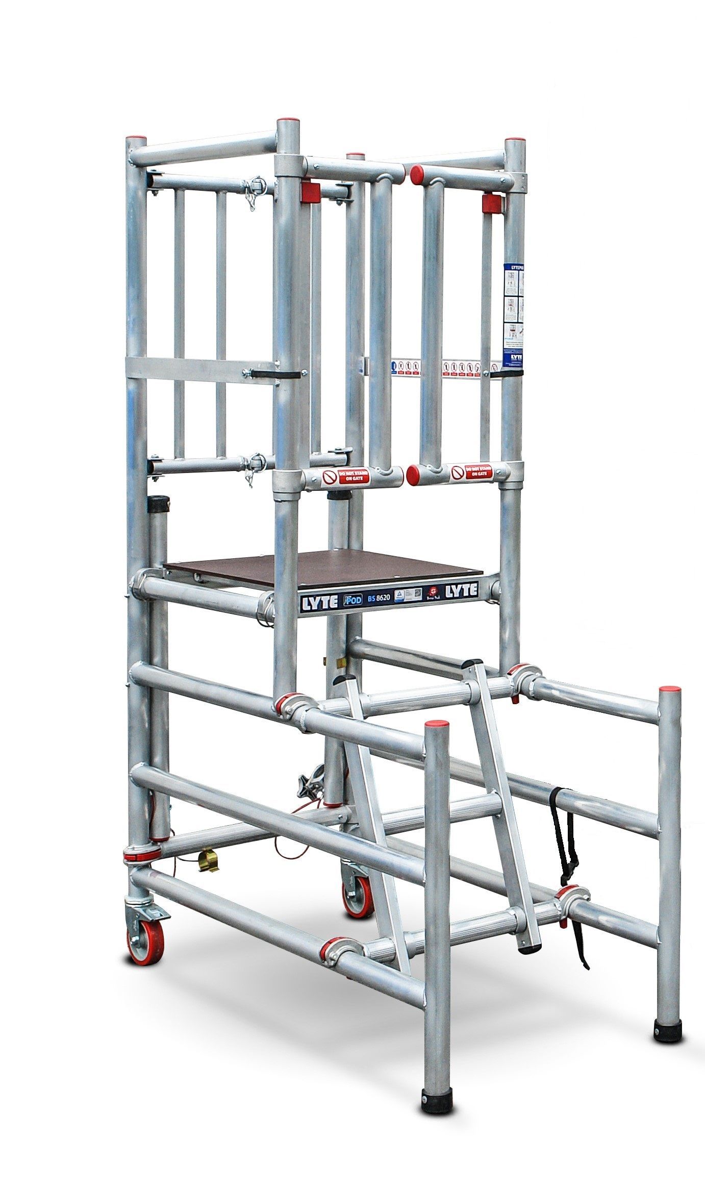 A scaffolding with a ladder attached to it on a white background.