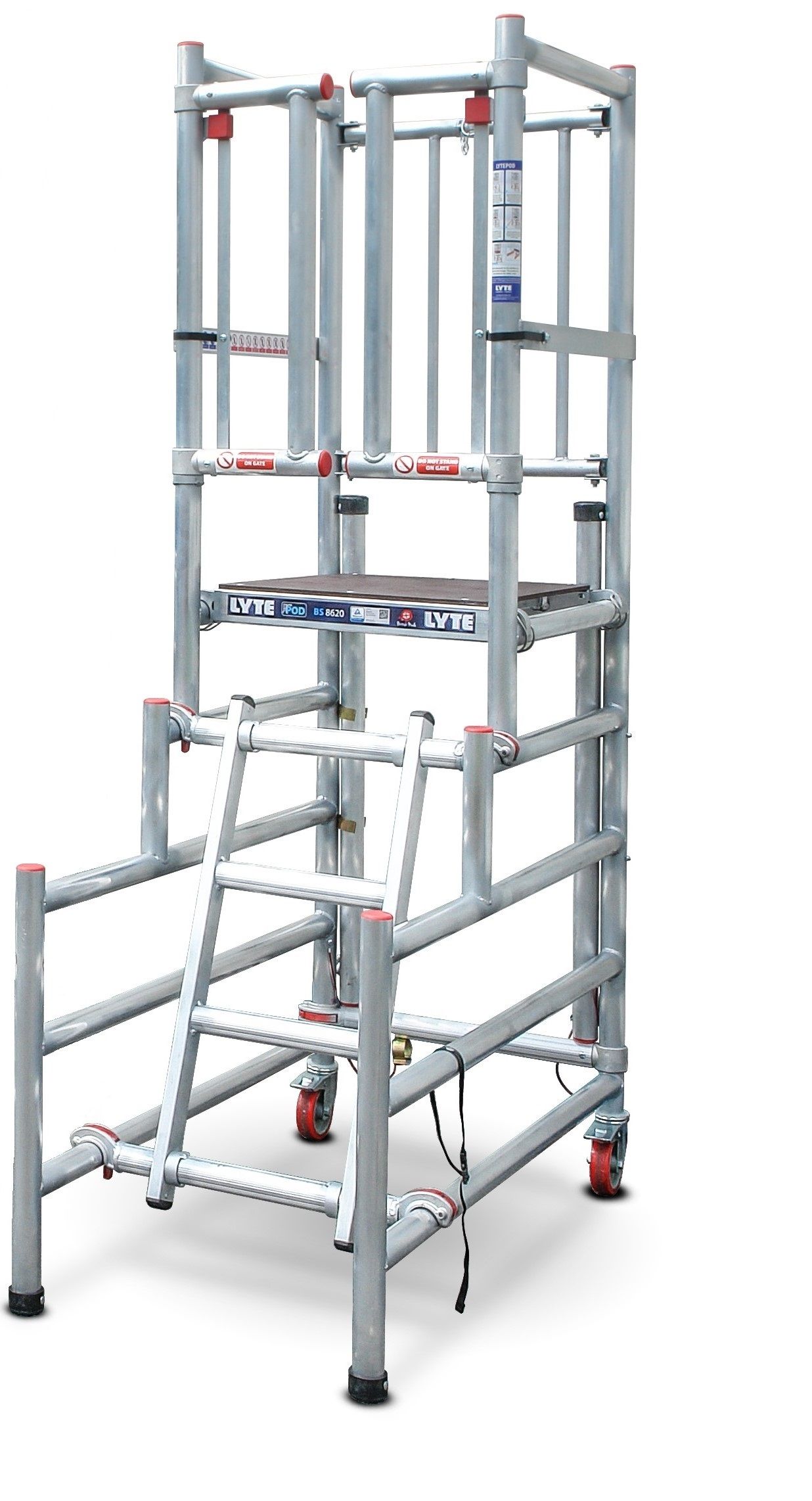 A scaffolding with a ladder attached to it on a white background.