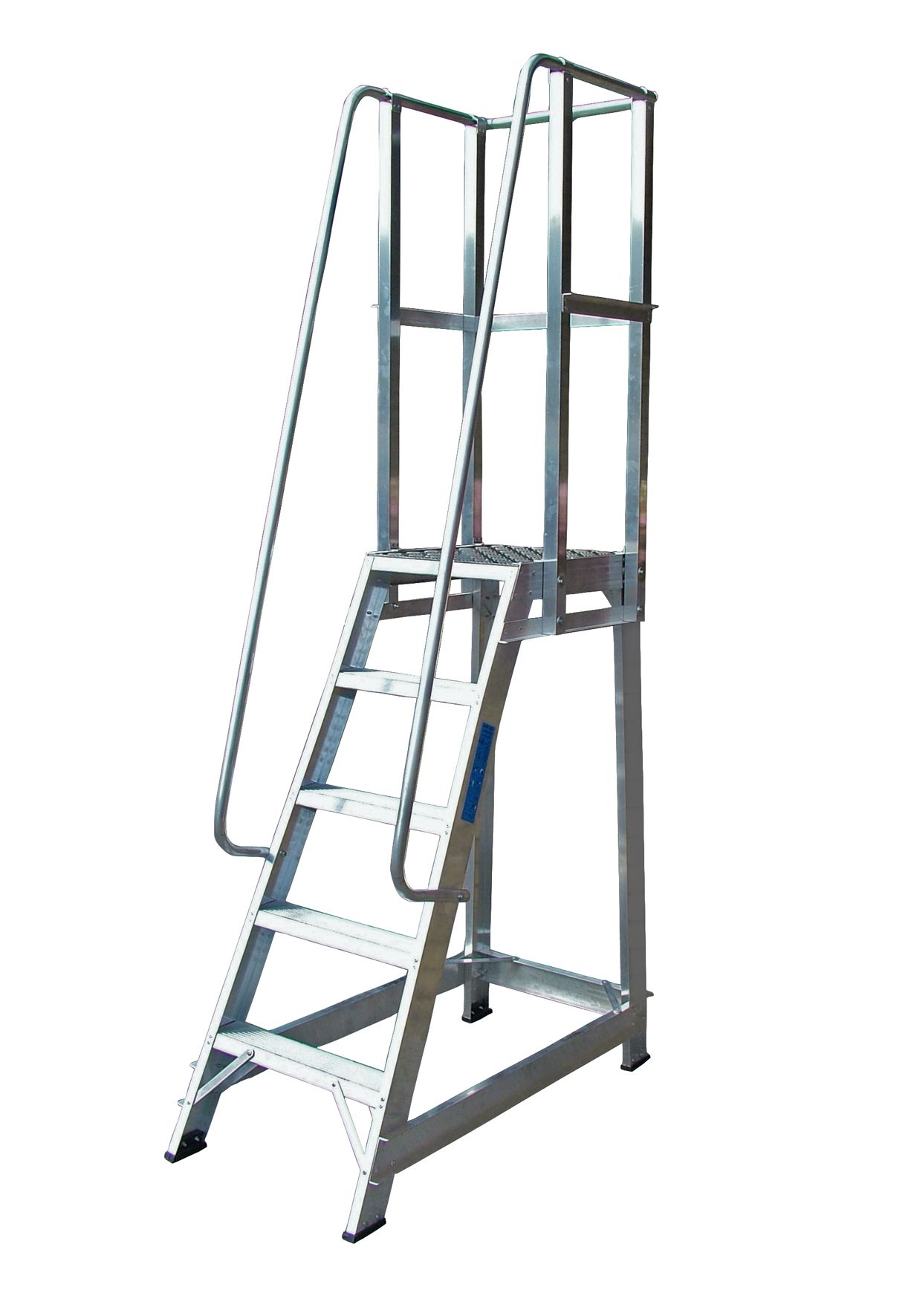 A metal ladder with steps and a railing on a white background.