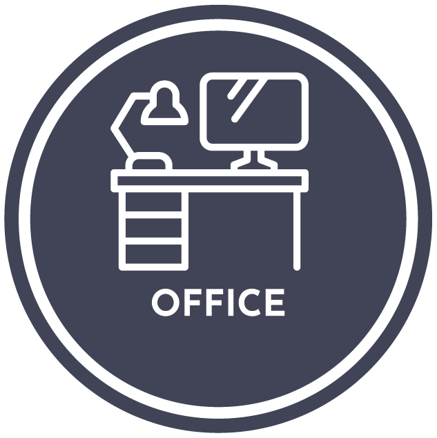 An icon of a desk with a computer and a lamp in a circle.