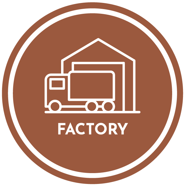 An icon of a factory with a truck and a warehouse.