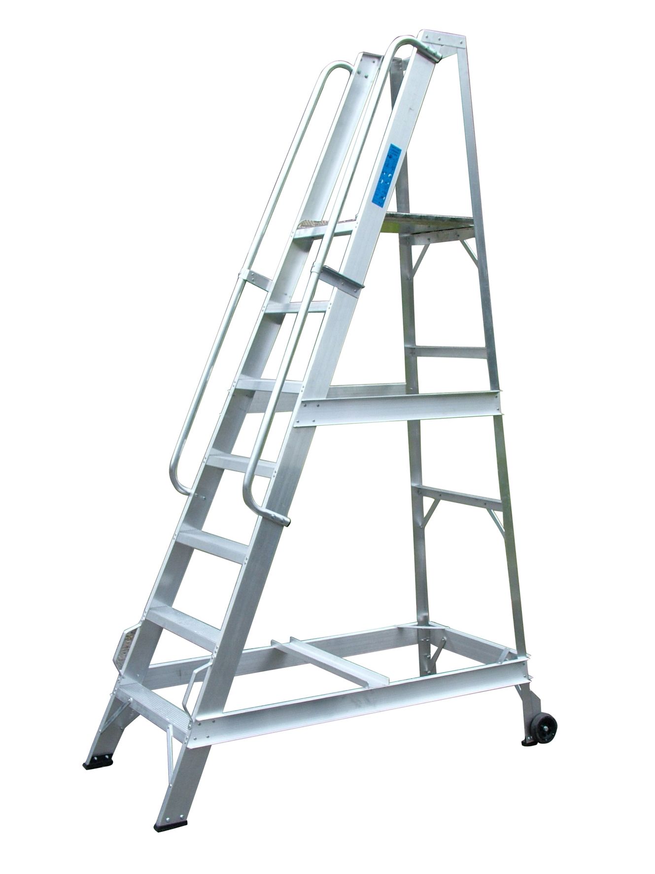A metal ladder with wheels on a white background.