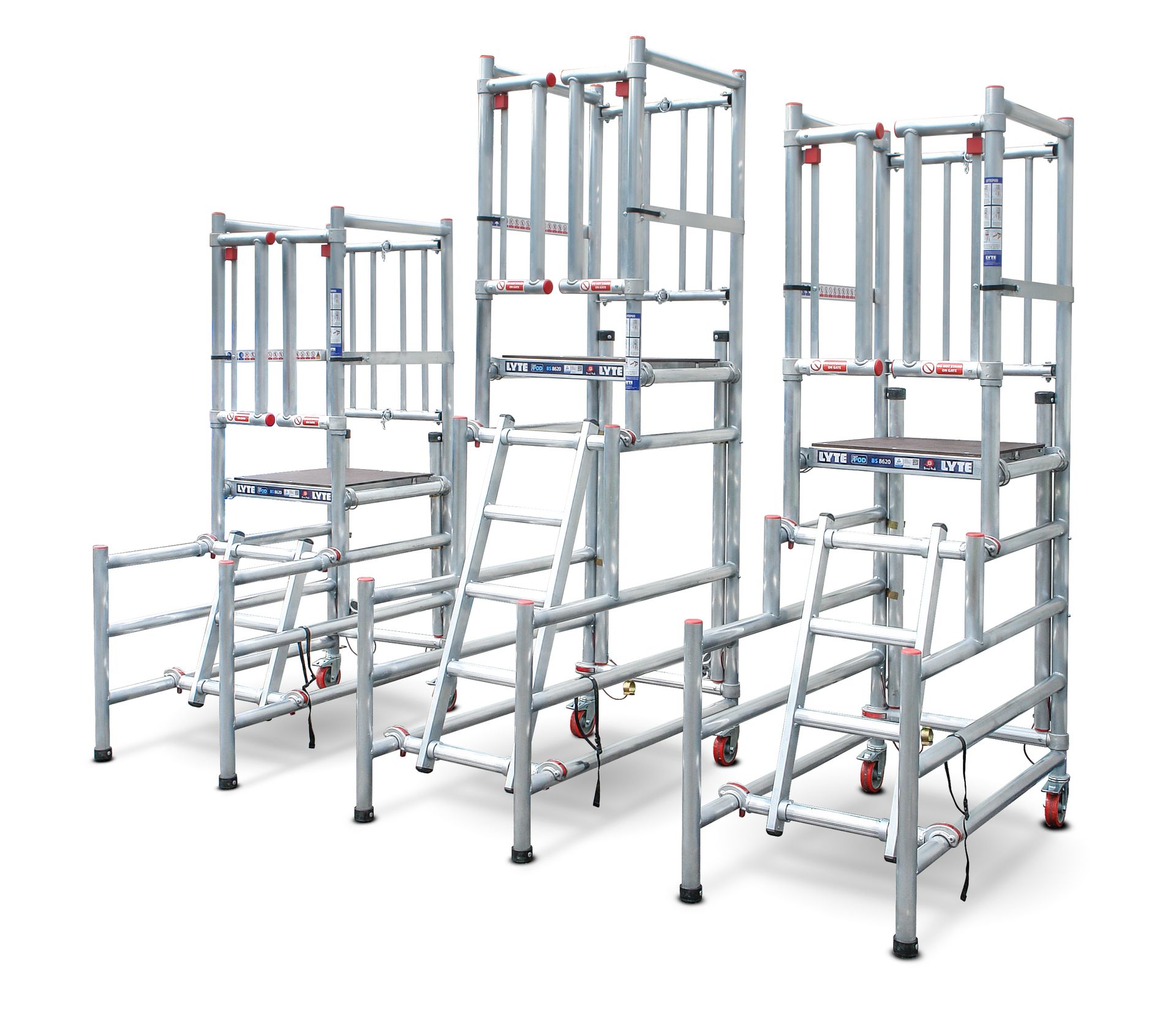 An aluminum scaffolding with a ladder attached to it.