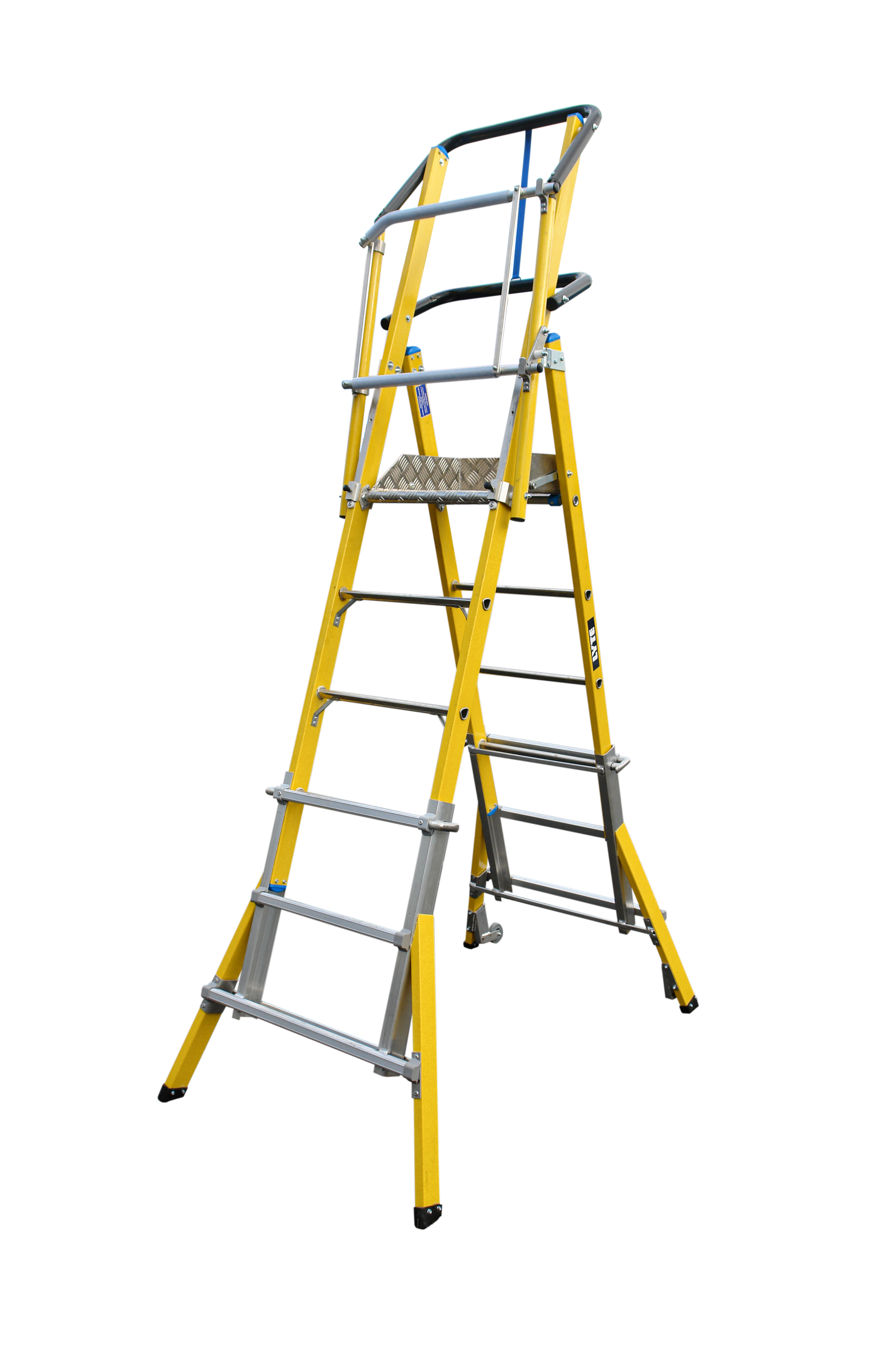 A yellow ladder with a metal railing on a white background.