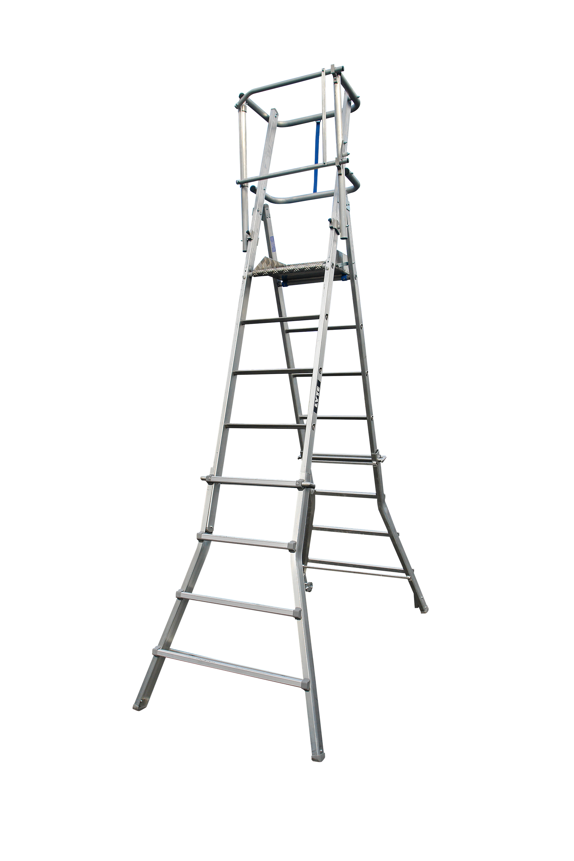 A ladder with a platform on top of it on a white background.