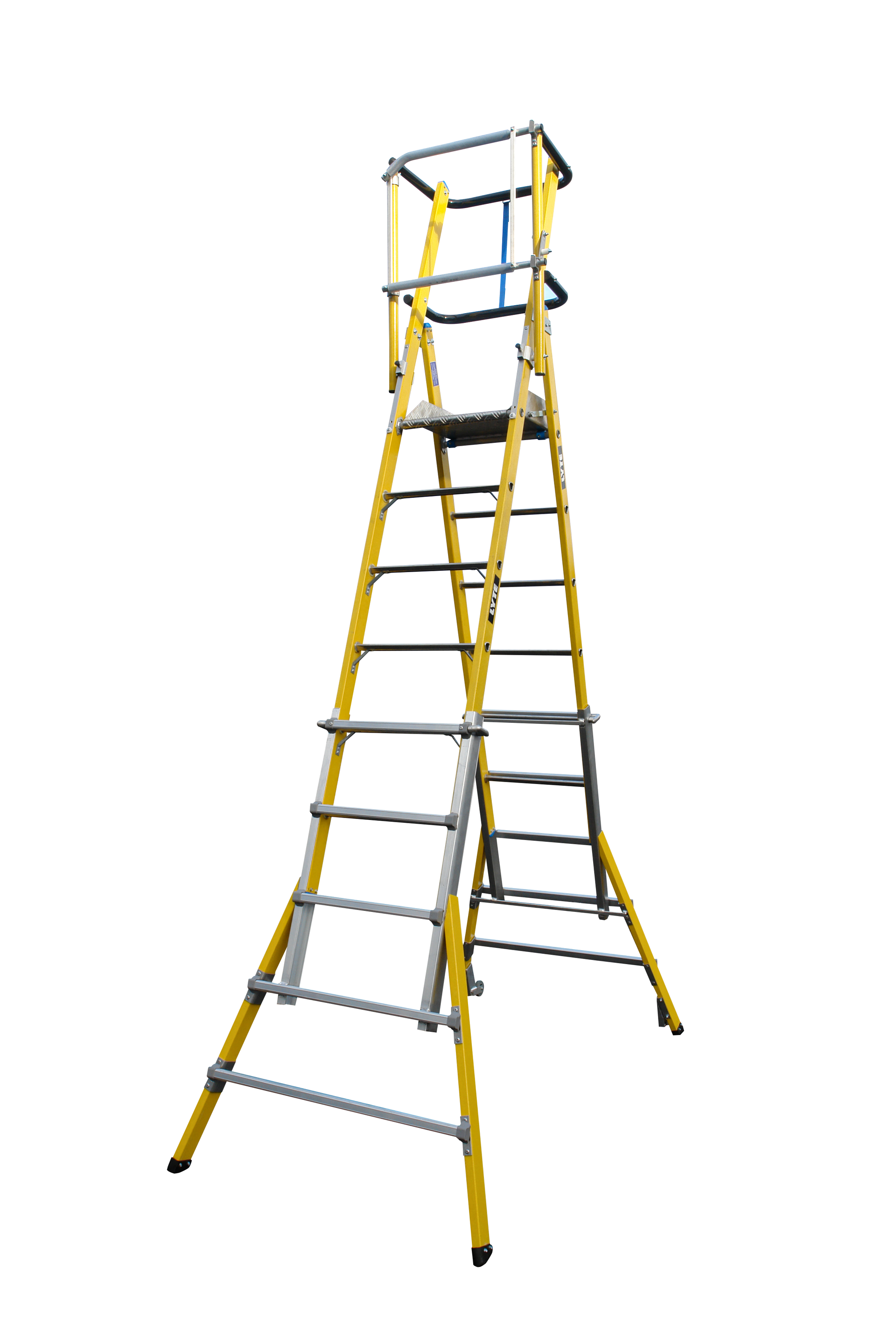 A yellow ladder with a platform on top of it on a white background.