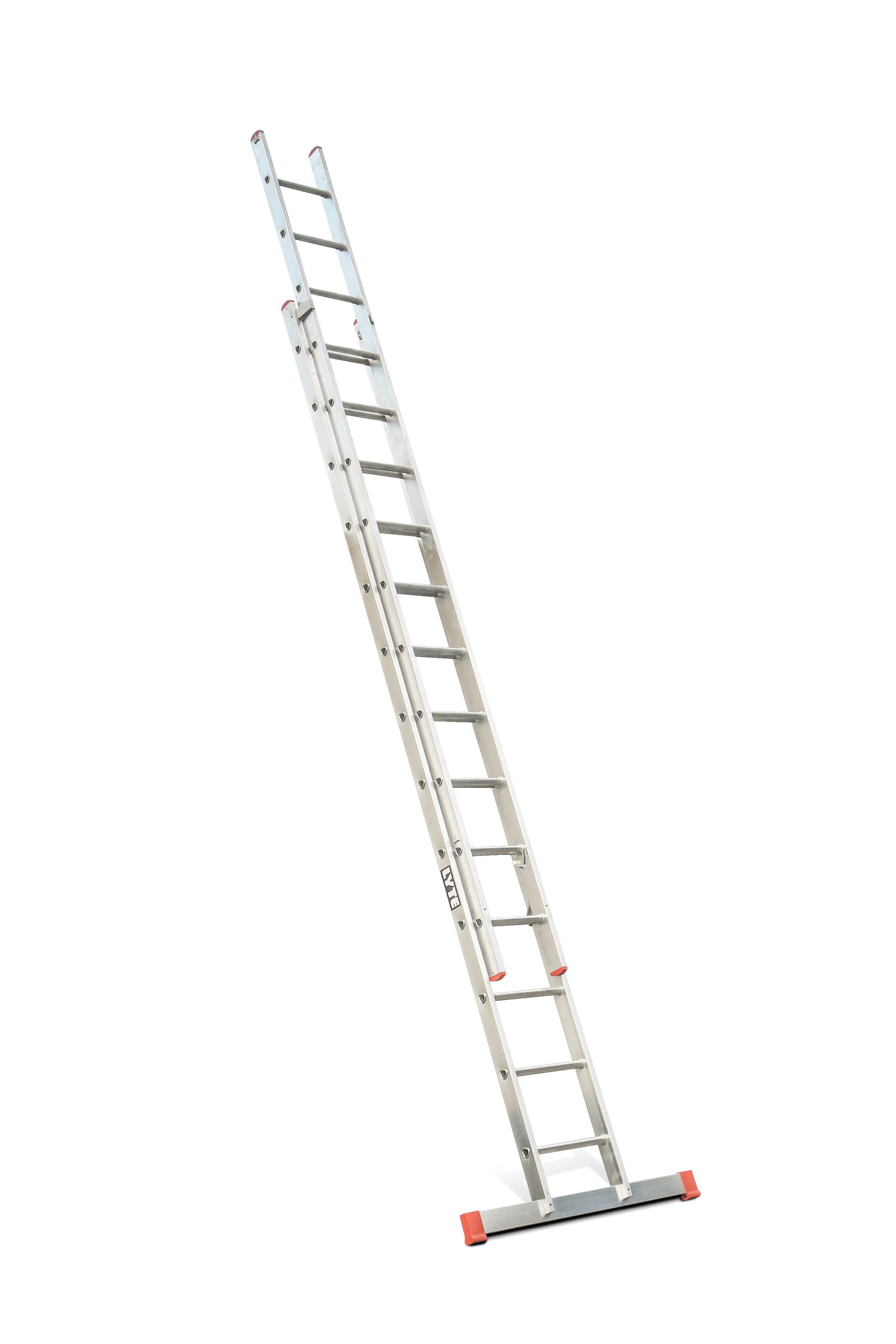 A long ladder is sitting on a white surface.