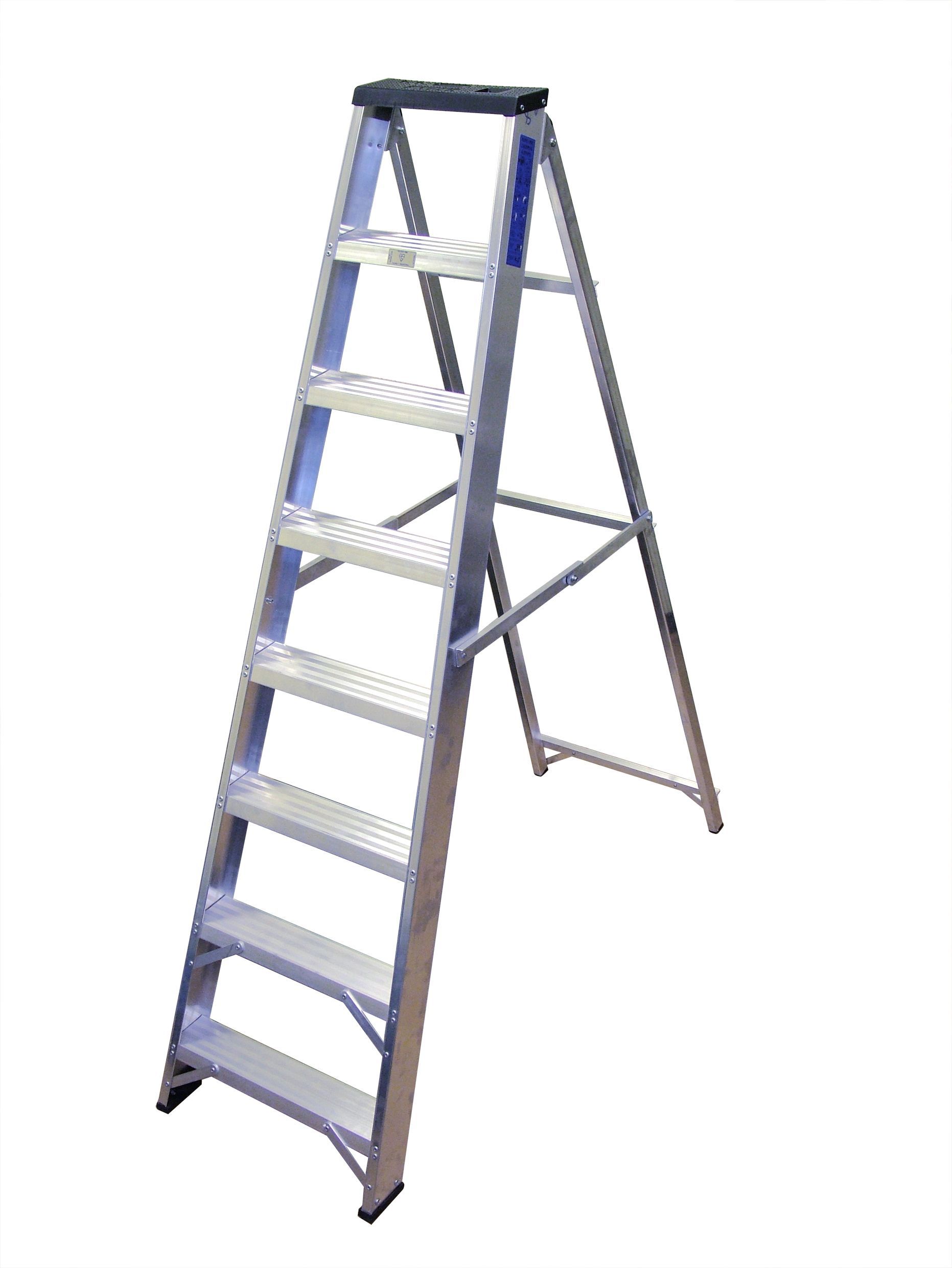 An aluminum ladder with a black handle on a white background.
