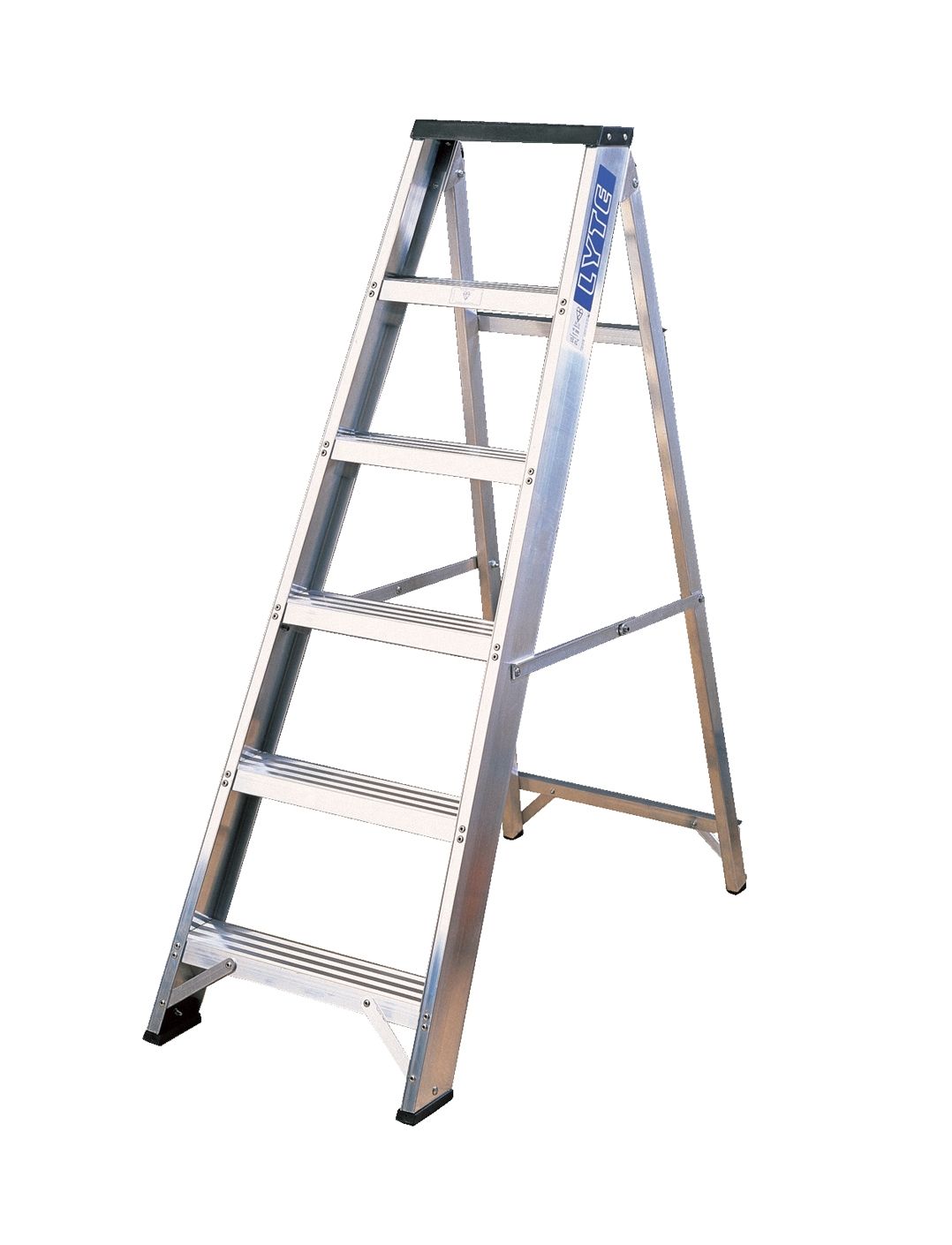 An aluminum ladder is sitting on a white surface.