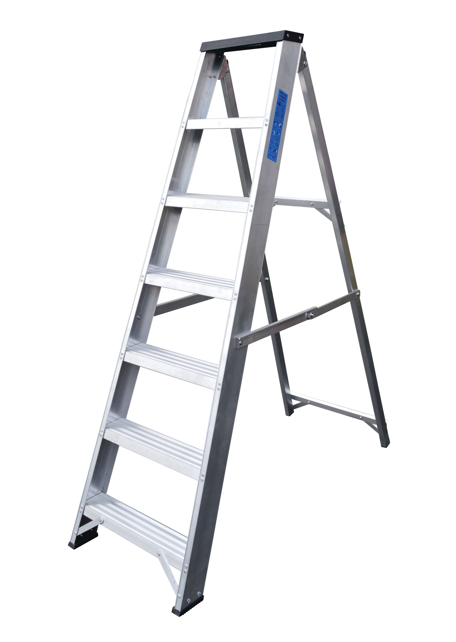 An aluminum ladder is sitting on a white surface.