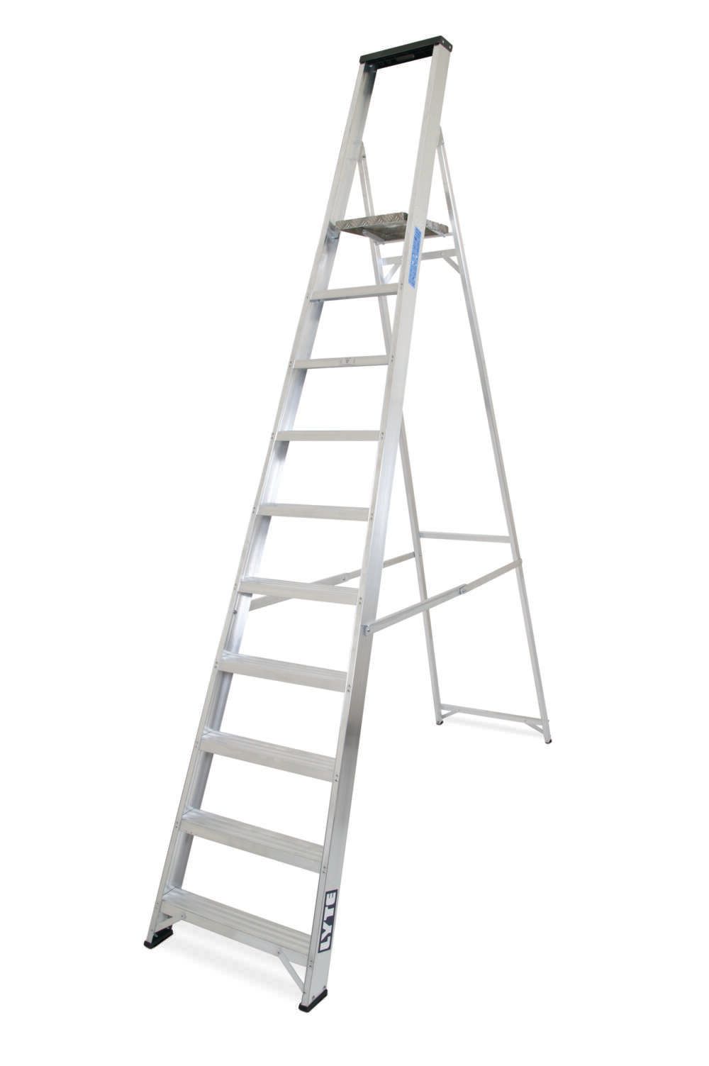 An aluminum ladder is sitting on a white surface.