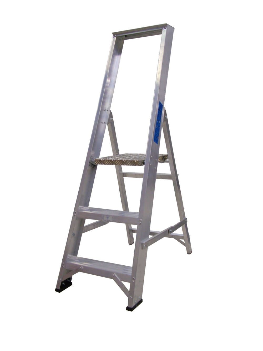 An aluminum ladder with three steps on a white background.