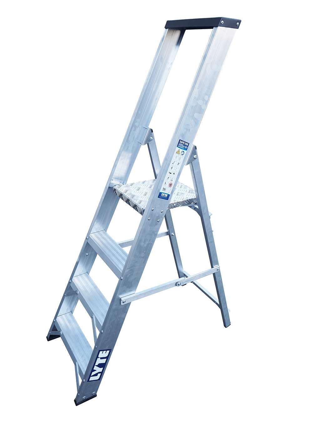 A ladder with four steps and a black handle on a white background.