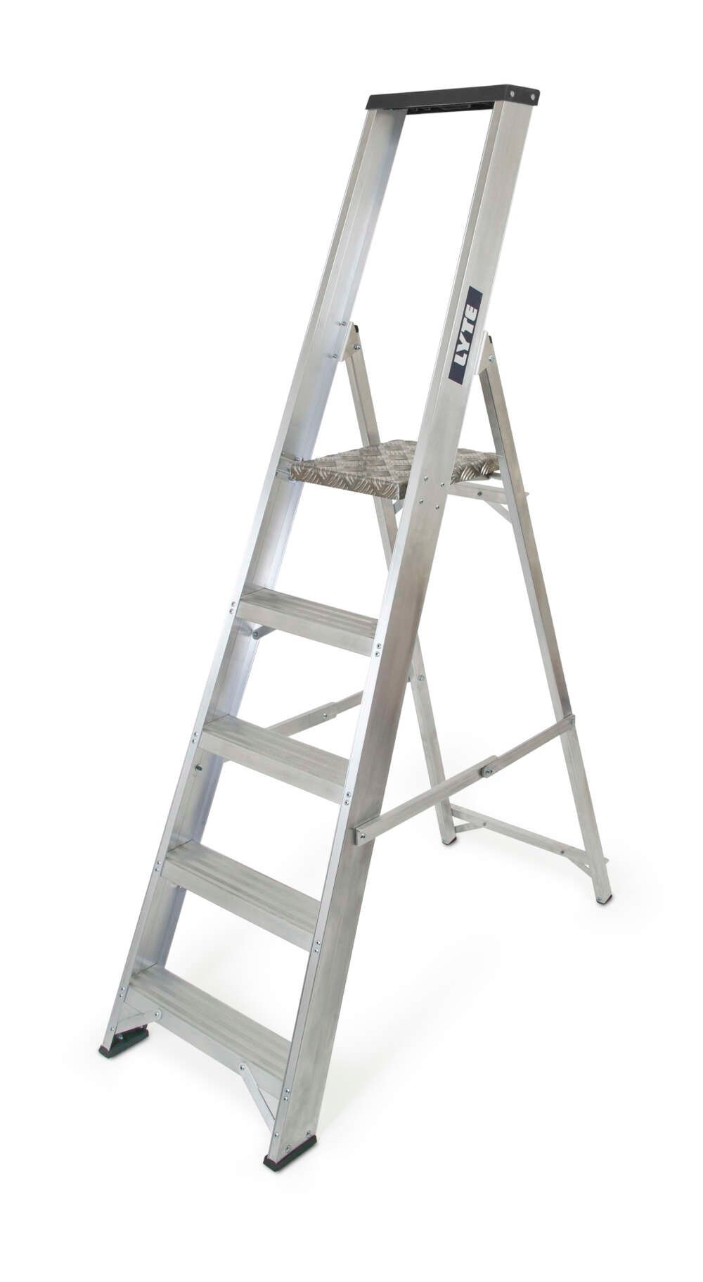 An aluminum ladder with a wooden platform on a white background.