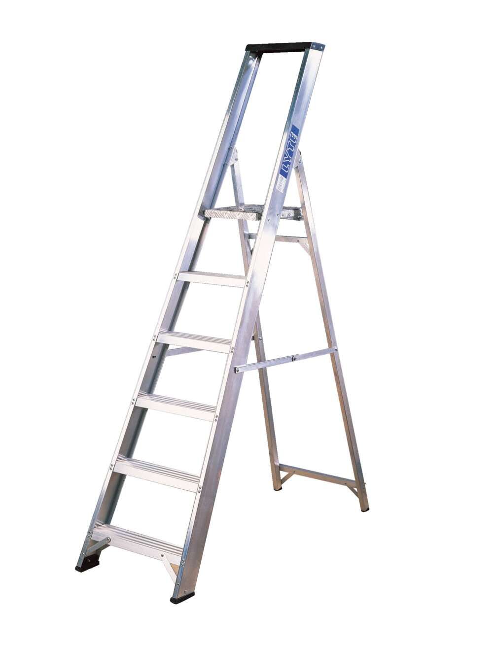 An aluminum ladder is sitting on a white surface.