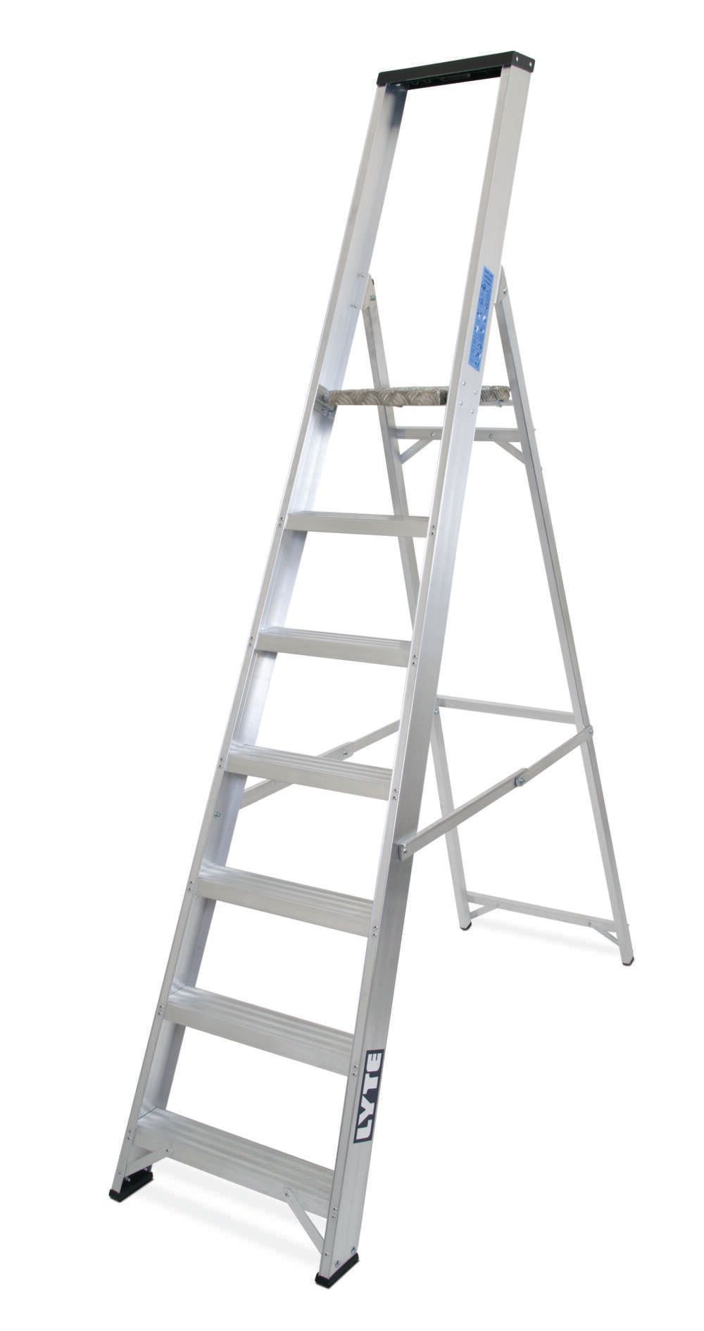 An aluminum ladder with a black handle on a white background.
