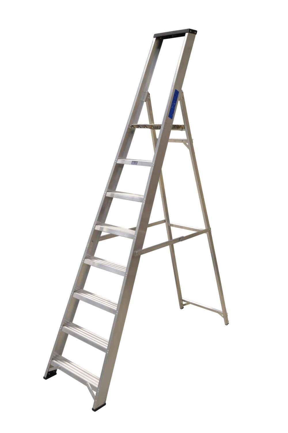 A ladder with a blue handle on a white background.