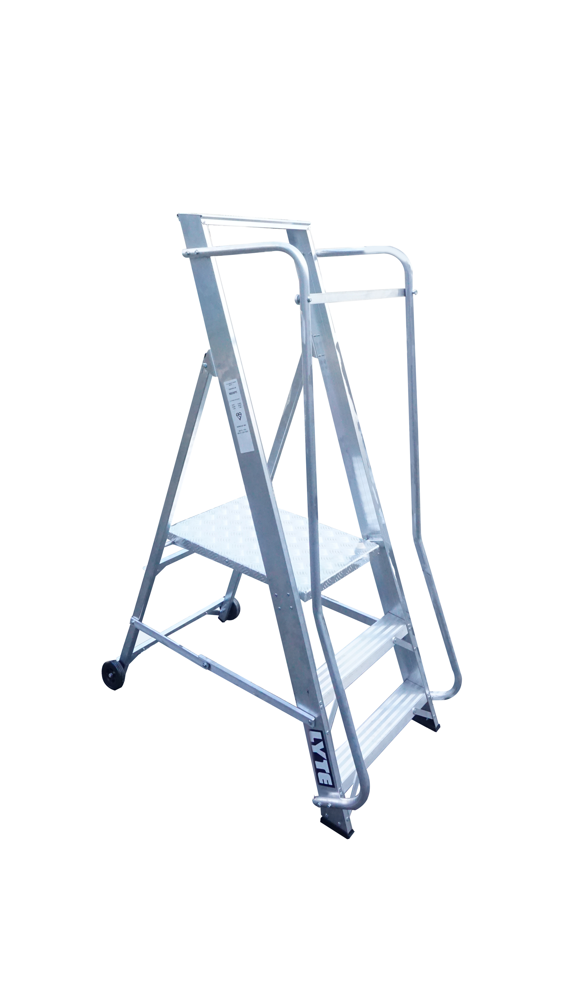 A ladder with wheels and a handle on a white background.