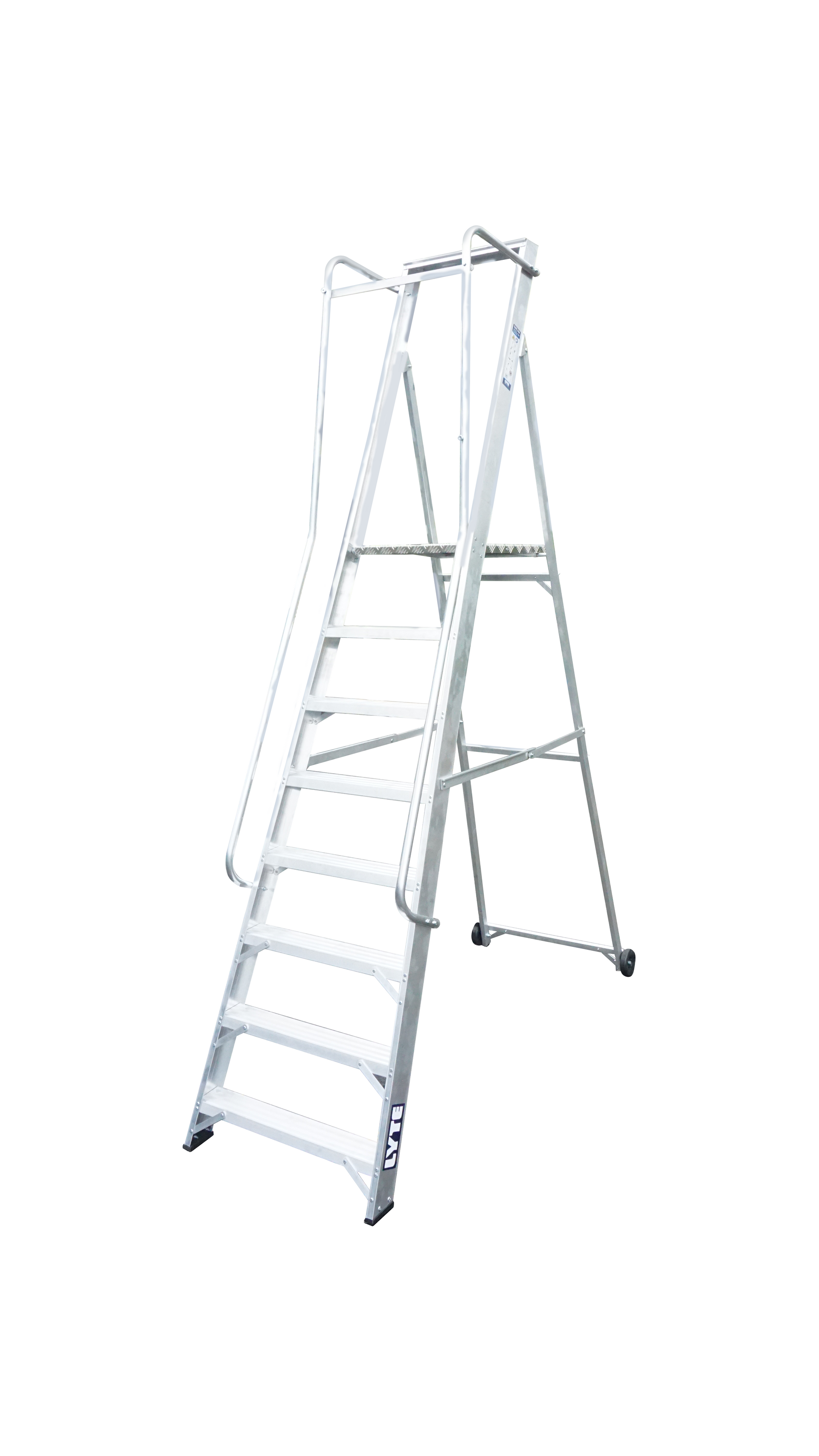 A white ladder with wheels on a white background.